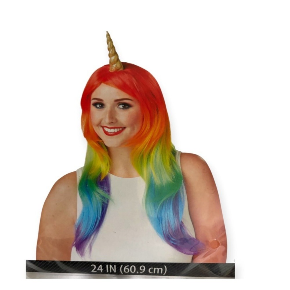 Adult Rainbow Unicorn Wig 24" Gold‎ Horn Halloween Costume Cosplay Fantasy Party